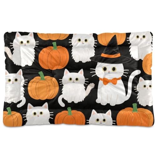 Halloween-Cartoon-weiße Katzen, Kürbisse, waschbare Haustier-Matratze, rutschfest, weich, bequem, Haustiermatte für mittelgroße und große Hunde, 91,4 x 61 cm von Yoogain