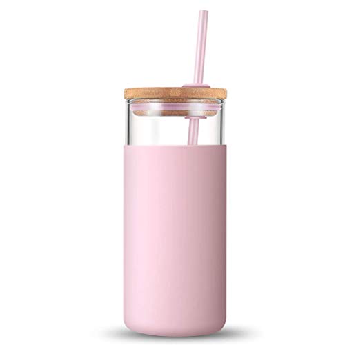 Yoohh Trinkhalm-Becher, Glas-Kaffeetassen mit Strohhalm und Deckel, 500 ml Holzdeckel, transparente Glas-Wasserflasche, ideal für Eiskaffee, Wasser-Shakes von Yoohh