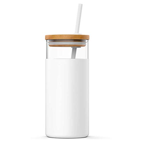 Yoohh Trinkhalmbecher, Trinkbecher, Glas, Kaffeetassen mit Strohhalm und Deckel, 500 ml, Holzdeckel, transparente Glas-Trinkflasche, ideal für Eiskaffee, Wasser-Shakes von Yoohh