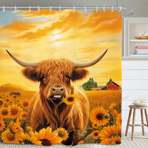 Yookeb Highland Cow Bull, Badezimmer-Duschvorhang, 152 x 180 cm, gelbe Sonnenblume, Tier, rustikales Bauernhaus, lustiges Polyestergewebe, 12 Kunststoffhaken, wasserdichte Dekoration, YOO-CD3W-AAOE von Yookeb