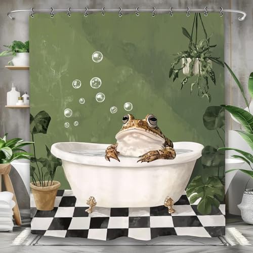Yookeb Lustiger süßer Frosch-Badezimmer-Duschvorhang, 180 x 180 cm, kühles Tier, grüne Pflanzenblätter, tropisch, lustig, Polyestergewebe, 12 Kunststoffhaken, wasserdichte Dekoration von Yookeb