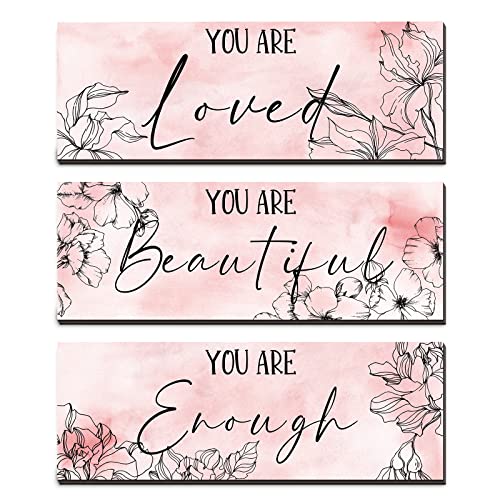 Wandschmuck aus Holz, mit floralem Muster, Aufschrift "You Are Loved You Are Beautiful You Are Enough", inspirierendes Wortschild, Wandkunst, Dekoration für Teenager, Mädchen, Kinderzimmer, 3 Stück von Yookeer