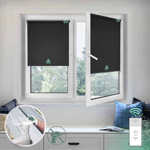 Yoolax Elektrische Rollos mit Motor& Fernbedienung, Klemmfix Rollos für Fenster Ohne/Mit Bohren,Smart Rollo Nach Maß(100% Verdunkelung Stoff Schwarz) von Yoolax