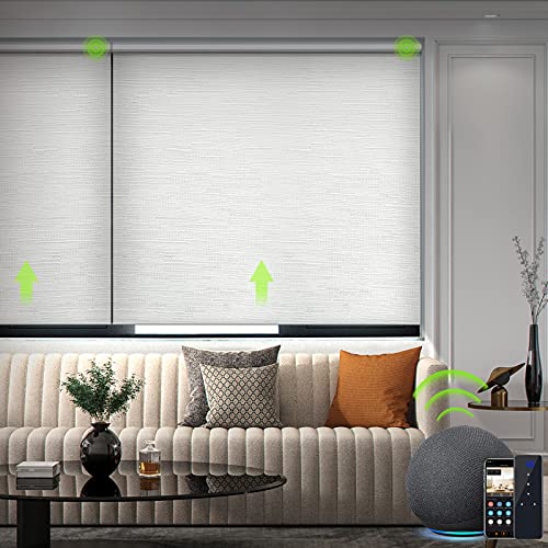 Yoolax Jacquard Elektrisches Rollo Alexa Smart Rolladen mit Akkumotor und Fernbedienung 100% Verdunkelung nach maß für Home Office, Schnurlos(Jacquard Weiß) von Yoolax