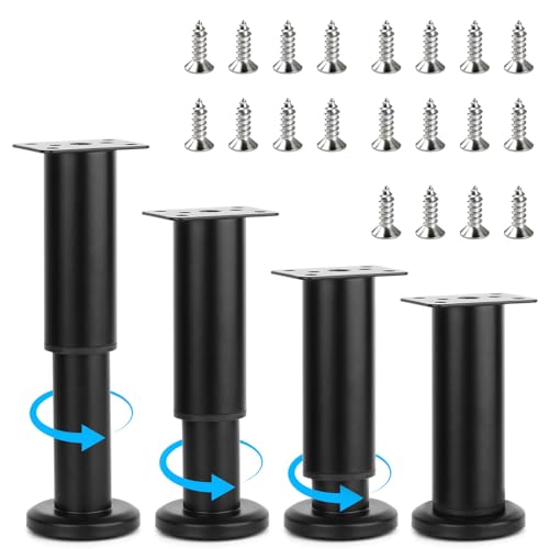 Yooler 4er Möbelfüße Set,12-18cm Möbelfüße Verstellbar, füße für möbel Metall schwarz Ersatz Stützfüße, DIY Schrankfüsse Tischfüße mit 20 Pcs Schrauben für Möbel Sofa Bett Nachttisch Fernsehschrank von Yooler