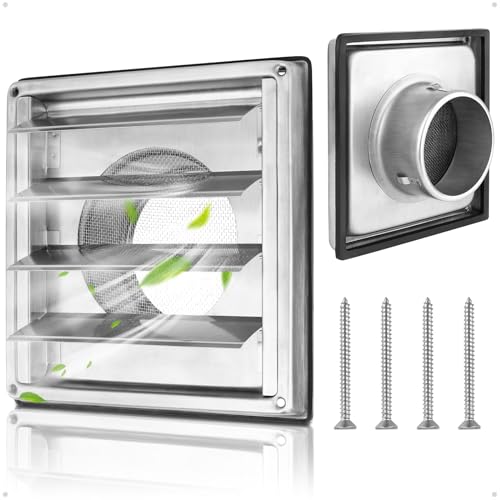 Yooler Ø100mm Edelstahl Lüftungsgitter mit Rückschlagklappe, Insektenschutzgitter, Bewegliche Lamellen, Gehäuse Lüftungsgitter Für VMC-Rohr und Abdeckung Dunstabzug Außen Mit Kautschuk-Dichtung von Yooler