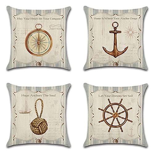 4er Set kissenbezüge 35x35cm Modern Quadratische Leinen Zierkissenbezug mit unsichtbarem Reißverschluß Dekorative Kissenhüllen für Schlafzimmer Wohnzimmer Büro Garten Sofa,Retro-maritim 14x14zoll von Yoonqun