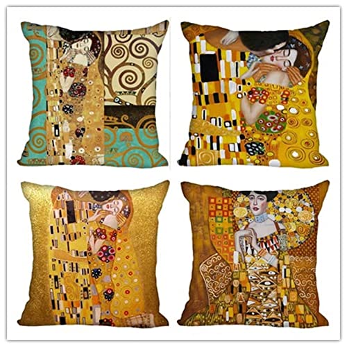 4er Set kissenbezüge 45x45cm Modern Quadratische Leinen Zierkissenbezug mit unsichtbarem Reißverschluß Dekor Kissenhüllen für Schlafzimmer Wohnzimmer Büro Garten Sofa,Vintager Klimt-Kuss 18x18zoll von Yoonqun