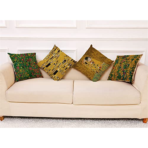 Kissenbezug 40x40cm 4er Set Der berühmte Klimt Kissenbezüge Dekoration Outdoor Kissenbezüge Leinen Doppelseitige quadratische Dekokissen für Schlafzimmer,Sofa,Stuhl,Bett,Garten Dekokissen 16x16in von Yoonqun