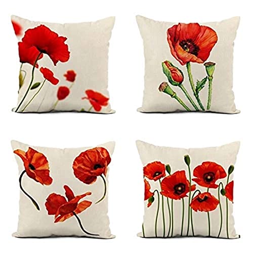 Kissenbezug 40x40cm 4er Set Rote Mohnblume Kissenbezüge Dekoration Outdoor Kissenbezüge Leinen Doppelseitige quadratische Dekokissen für Schlafzimmer,Sofa,Stuhl,Bett,Garten Dekokissen 16x16in von Yoonqun