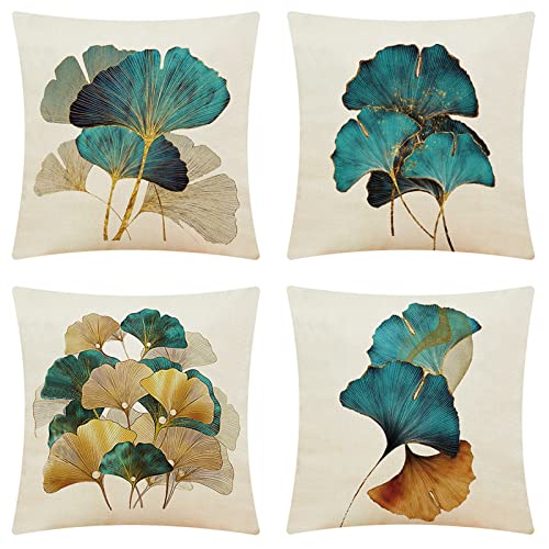 Yoonqun Kissenbezug 40x40cm 4er Set,Modern Samt Dekor Kissenhülle Kissenbezüge mit Verstecktem Reißverschluss Couchkissen,für Schlafzimmer,Sofa,Stuhl,Bett,Garten Blaues Laub von Yoonqun