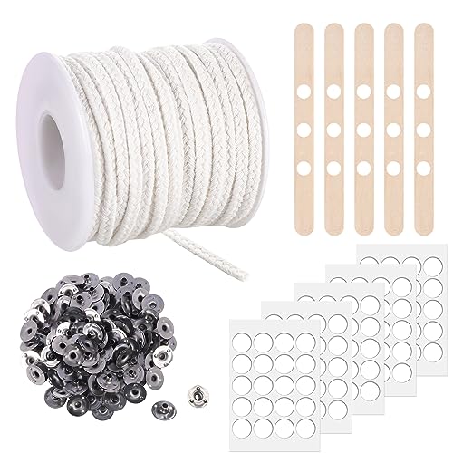Yoosso 1600cm Kerzendocht, 75 Stränge Kerzendochte für Dicke Kerzen Kerzendocht Rolle Kerzen Dochten Set Kerzendocht Baumwolle mit 100 Metallbasis Aufkleber für Weihnachten Dick Kerzen von Yoosso