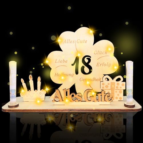 Yootiko 18. Geburtstag Geldgeschenk mit LED Kleeblatt – Personalisierbares Gästebuch aus Holz – Geschenk für Mädchen oder Junge – Deko mit Gravur von Yootiko