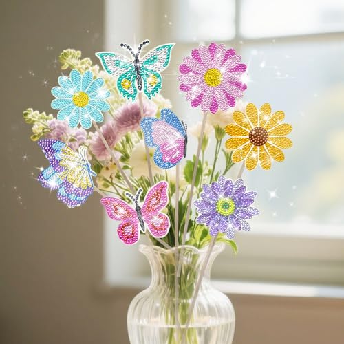 Yootiko 8 Stück Diamond Painting Set Schmetterling und Blumen, 5D DIY Bastelset für Kinder & Erwachsene, Diamantmalerei Mosaik Komplettset, Kreative Geschenkidee für Zuhause & Garten Deko von Yootiko