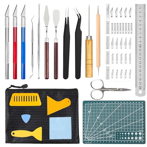 Yooyan 51 Stück Plotter Zubehör, Skalpell Carving Craft Messer, Vinyl Jäten Werkzeuge, Edelstahl Plotter Zubehör HTV+1 Stück A5 Schneidematte, DIY Bastelwerkzeug, Bastelmesser Cuttermesser, Cameos von Yooyan