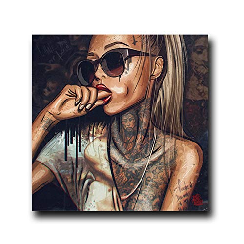 Abstrakte Coole Mädchen Tattoo Leinwand Malerei tragen Brille Frauen Porträt Poster und Drucke Wandkunst Bilder Wohnkultur 30x30cm Rahmenlos von Yooyu