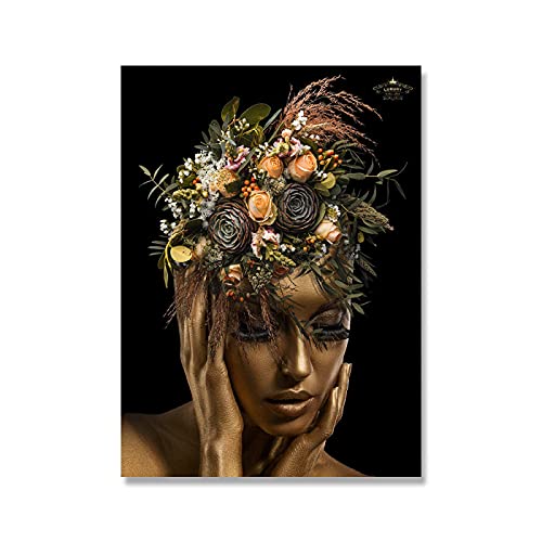 Afrikanische Kunst Schwarz und Gold Frauenkopf Blumenkönigin Gemälde auf Leinwand Poster und Drucke Wandkunst Bild für Wohnzimmer 70x90cm(28x35in) mit Rahmen von Yooyu