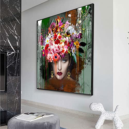 Yooyu Blumen Wandkunst Mädchen Kopf Leinwand Abstrakte Poster und Drucke Frau Portrait Gemälde Bilder für Wohnzimmer Schlafzimmer Dekor 80x80cm(31x31in) Rahmenlos von Yooyu