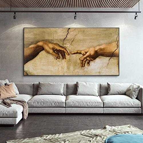 Die Erschaffung Adams von Michelangelo Berühmte Kunst Leinwand Gemälde an der Wand Kunstposter und Drucke Hand zu Hand Bild 70x140cm(28x55in) mit Rahmen von Yooyu
