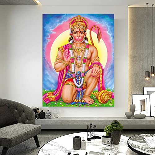 Druck auf Leinwand, Hanuman-Wandgemälde, Kunst-Wandbilder, Rama. Lord Hanuman Wandkunstdrucke, indischer Gott, Kunstposter, Heimdekoration, 80 x 120 cm (31 x 47 Zoll) mit Rahmen von Yooyu