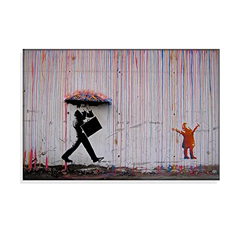 Farbiger Regen-Leinwanddruck, Banksy-Stil, Street Art, Grafiti-Poster und Drucke auf Leinwand, Kunstwerk an der Wand, Kunst für Kinder, Wohnkultur, 80 x 120 cm (32 x 47 Zoll) mit Rahmen von Yooyu