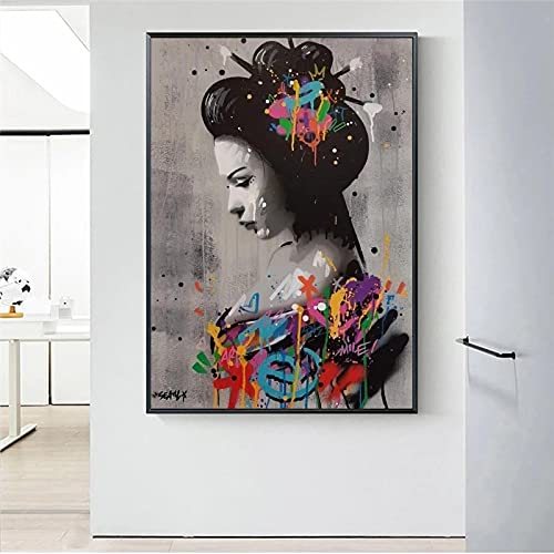 Japanische Frau Graffiti Kunst Leinwand Malerei Frau Street Art Poster und Drucke Wandkunst Bild für Wohnzimmer Wohnkultur 80x120cm(31x47in) mit Rahmen von Yooyu