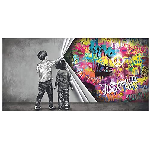 Kinder enthüllen Vorhang Leinwand Gemälde Graffiti Kunst Poster Straße Wand Kunstdrucke Bild Wohnzimmer Wohnkultur 70 x 140 cm Innenrahmen von Yooyu