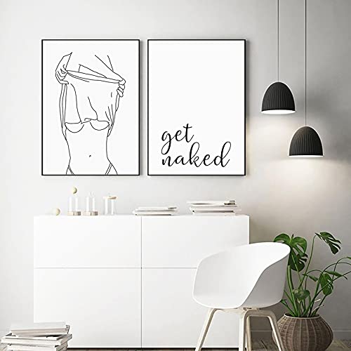 Kunstwerk auf Leinwand Get Naked Zeichen Leinwand Kunst Poster Eine Linie Frau Zeichnung Leinwand Bild Malerei Badezimmer Wanddekor 40x60cm Rahmenlos von Yooyu