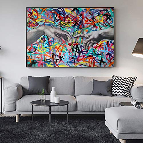 Kunstwerk für Schlafzimmer, kreative Graffiti-Kunst, Hand in Hand, Leinwand-Malerei, Poster, Druck, Wandkunst für Wohnzimmer, Heimdekoration, 80 x 140 cm (31 x 55 Zoll) mit Rahmen von Yooyu