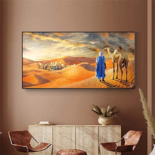 Yooyu Orientalisches Tuareg-Gemälde in der Wüstenlandschaft, Dekoration, Poster und Leinwanddrucke, Wandkunst, Gemälde für Wohnzimmerdekoration, 80 x 175 cm (32 x 69 Zoll) mit Rahmen von Yooyu