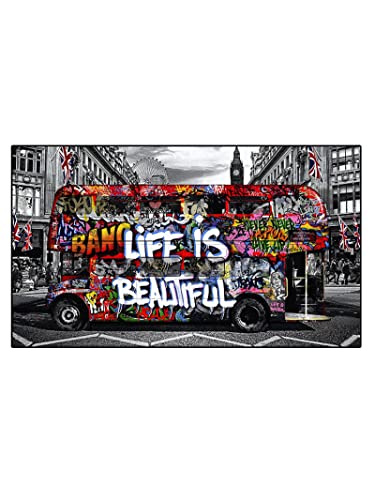 Street Graffiti Art Life is Beautiful Leinwand Gemälde Doppeldecker Bus Posterdruck Wandkunst Bild Wohnzimmer Dekor 60x120cm(24x47in) mit Rahmen von Yooyu