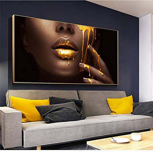 Wandbilder Große Größe Goldene Sexy Lippen Afrikanische Schwarze Frau Bild Leinwand Wandkunst Bild Poster Moderne Wohnkultur 60x120cm Innenrahmen von Yooyu