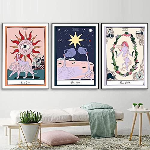 Yooyu Abstrakte Die Sonne Mond Sterne Tarot Wandkunst Bilder Leinwand Malerei Kaiserin Welt Poster Drucke Wohnzimmer Wohnkultur 40x60cm (16x24in) x3 Rahmenlos von Yooyu