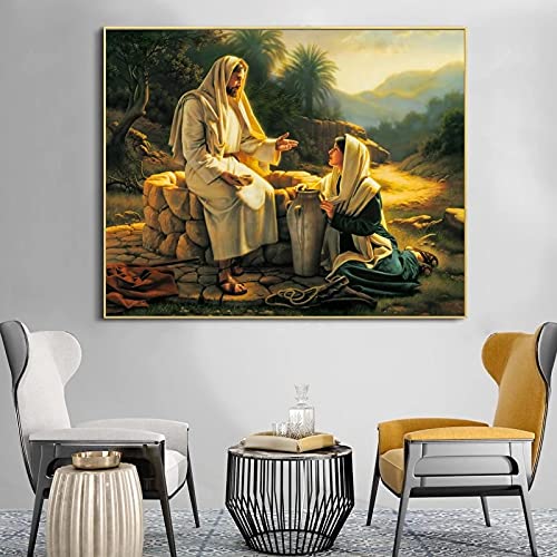 Yooyu Berühmte Gemälde Jesus und der Samariter Poster Drucke Frau Leinwand Malerei Wandkunst Bilder Wohnzimmer Wohnkultur 40x70cm(16x28) mit Rahmen von Yooyu