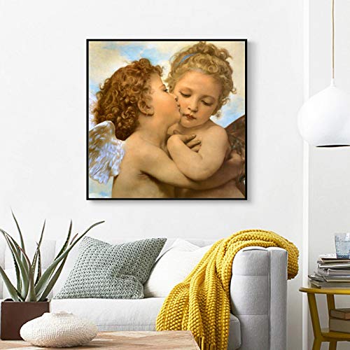 Yooyu Berühmte Gemälde Lamour und Psyche Kinder Poster und Drucke Wandkunst Leinwand First Kiss Bilder für Wohnzimmerdekoration 50x50cm(20x20in) mit Rahmen von Yooyu