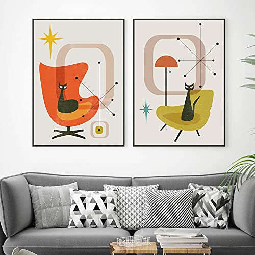 Yooyu Bilder Badezimmer Black Cats Poster And Prints Wall Art Mid Century Retro Sputnik Atomic Für Wohnzimmer Wohnkultur 40x60cm (16x24in) x2 Rahmenlos von Yooyu