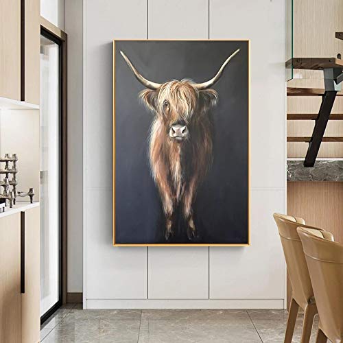 Yooyu Black Highland Cow Cattle Leinwand Kunst Nordic Malerei Poster und Drucke Skandinavische Wandkunst Bilder für Raumdekor 60x80cm Rahmenlos von Yooyu