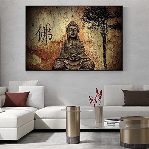 Yooyu Buddha-Portrait in voller Länge Poster Wand Religiös Ethnisch Kunstdruck Leinwand Gemälde Wandbild für Wohnzimmer Wohnkultur 91x155cm(35x72in) mit Rahmen von Yooyu