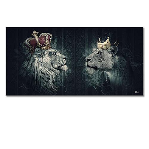 Yooyu Großer Löwe, Krone, moderne Leinwandgemälde, abstrakte Tierästhetik, Wandposter, Bilder, Wohnzimmerdekoration, 70 x 140 cm (28 x 55 Zoll) mit Rahmen von Yooyu