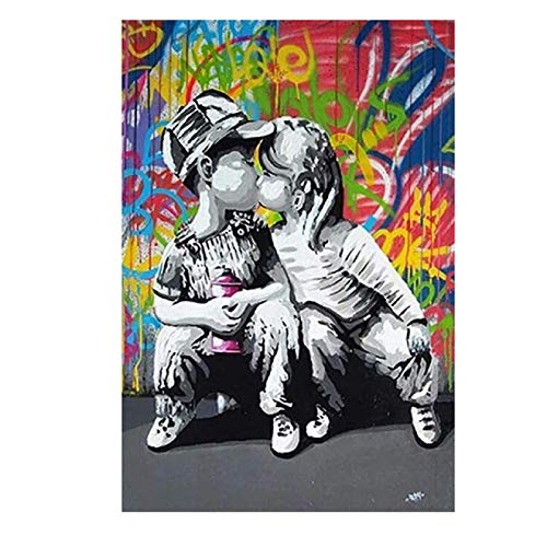 Yooyu Kunstdruck Poster Graffiti Street Art Mädchen Kuss Junge Leinwand Malerei Poster und Drucke Wandkunst für Wohnzimmer Wohnkultur 20x30cm (8x12in Interner Rahmen von Yooyu