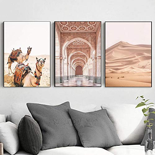 Yooyu Leinwand Malerei Marokko Tür Kamel Wüste Landschaft Poster und Drucke Wandkunst Bilder für Wohnzimmer Home Decor 30x50cmx3 Rahmenlos von Yooyu