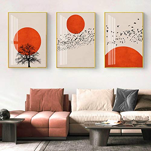 Yooyu Leinwand Malerei Orange Rot Sonnenuntergang mit Baum Vogel Vintage Poster Wandkunst Druck Bild Wohnzimmer Interieur Home Decor 40x60cmx3 Rahmenlos von Yooyu