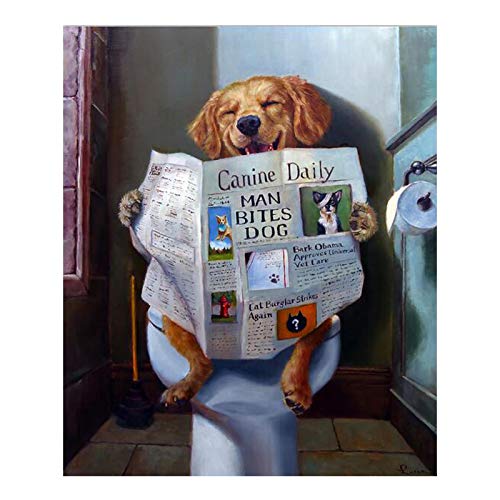 Yooyu Lustiges Tier Lächeln Hund Lesen Zeitung Malerei auf Leinwand Poster und Drucke Wandkunst Bild für Badezimmer Toilette Dekoration 60x80cm Rahmenlos von Yooyu