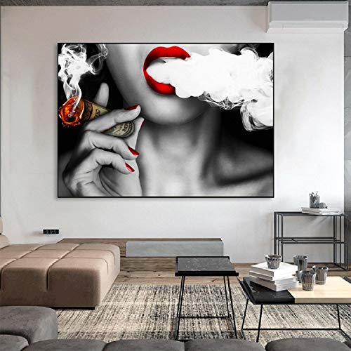 Yooyu Mädchen Rauchen Eine Zigarre Poster Und Drucke Rote Lippen Wandkunst Leinwand Moderne Pop Art Gemälde Home Wanddekoration 60x90cm Innenrahmen von Yooyu