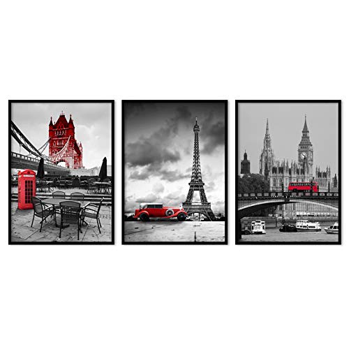 Yooyu Moderne Stadt Tower Bridge Rot Bus Schwarz Weiß Bild Poster Leinwand Malerei Druck Wandkunst Zimmer Schlafzimmer Wohnkultur 40x60cmx3 Rahmenlos von Yooyu