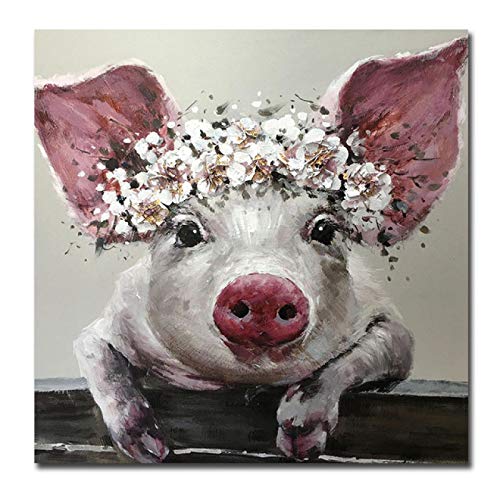 Yooyu Niedliches Schwein Tierölgemälde auf Leinwand Nordic Pink Animal Poster und drucken Wandkunst Bild für Wohnzimmer Home Decor 80x80cm Rahmenlos von Yooyu