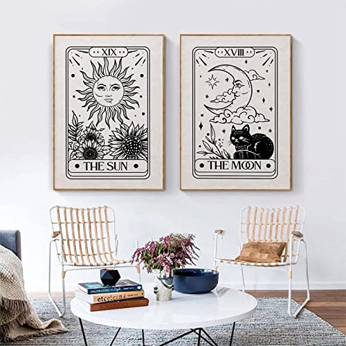 Yooyu Poster Boho Leinwand Die Sonne Und Der Mond Mystische Tarot Astrologie Malerei Kunstdruck Wandbild Wohnzimmer Schlafzimmer Dekor 30x50cm (12x20in) X2 Rahmenlos von Yooyu