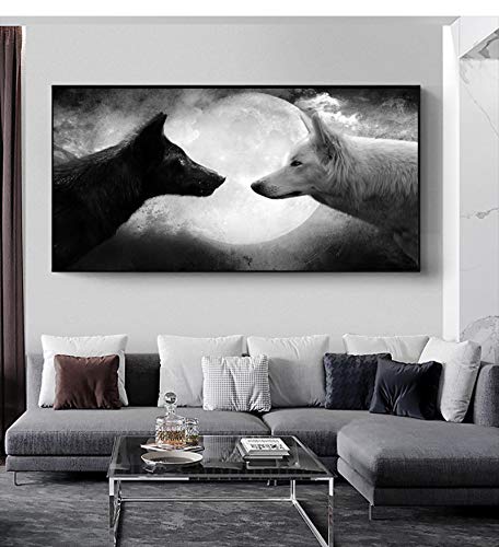 Yooyu Schwarz-Weiß-Wolf-Leinwand-Malerei, Wandkunst, Poster, Tierbilder, für Wohnzimmer, dekorative Wohnkultur, 40 x 80 cm (16 x 31 Zoll) mit Rahmen von Yooyu