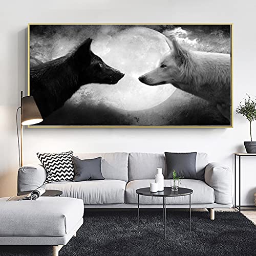 Yooyu Schwarz-Weiß-Wolf und Mond-Leinwand-Malerei, Tiere, Poster und Druck, Wandkunst, Bild für Wohnzimmer, Heimdekoration, 70 x 140 cm, rahmenlos von Yooyu