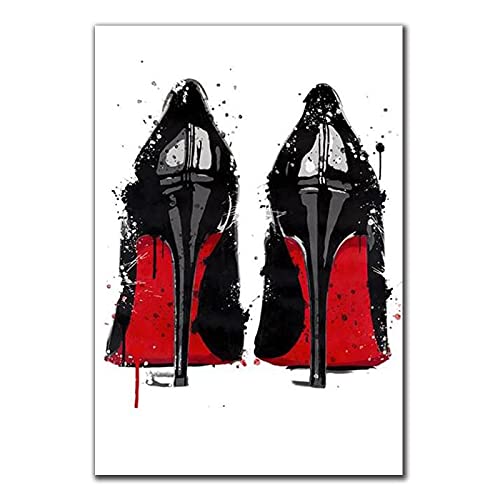 Yooyu Schwarz und Rot Schuhe mit hohen Absätzen Leinwand Gemälde Luxus High Heels Poster Drucke Wandkunst Bilder für Wohnzimmer Dekor 60x80cm(24x31in) Kein Rahmen von Yooyu